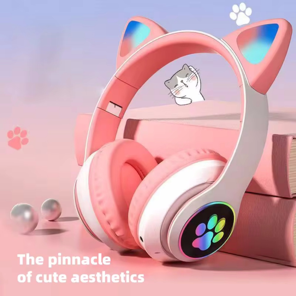 Cat Ear Bluetooth Headset Led - 折りたたみ式ワイヤレスBluetoothヘッドホン、オーバーイヤー型、ステレオ、LEDライト付き、猫耳デザイン、マイク内蔵、8時間再生、アクティブノイズキャンセリング、ゲーム用、旅行用。
